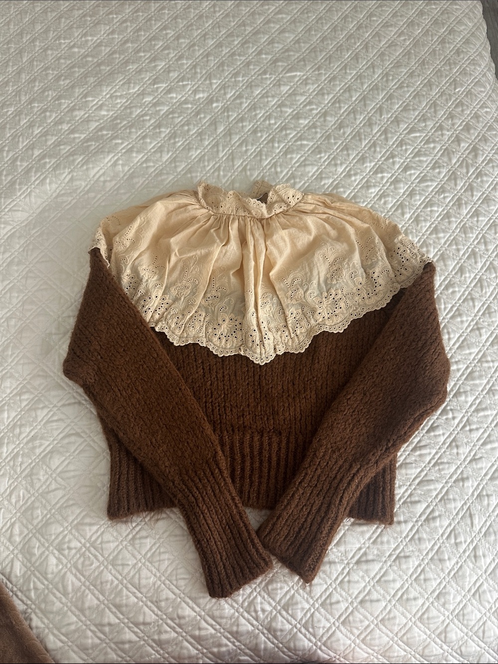 Zara Brown Knit Sweater with Cream Lace Yoke